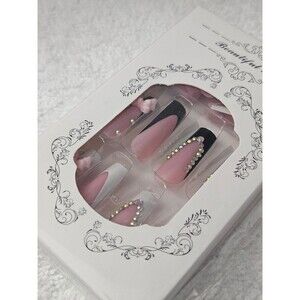 24pc Long Coffin Press On Nails Black White French Tip 3D Bow Rhinestone Luxury